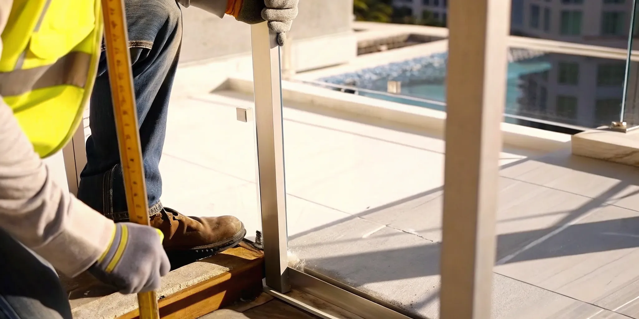 Inspecting a balcony railing for building code violations in Miami.