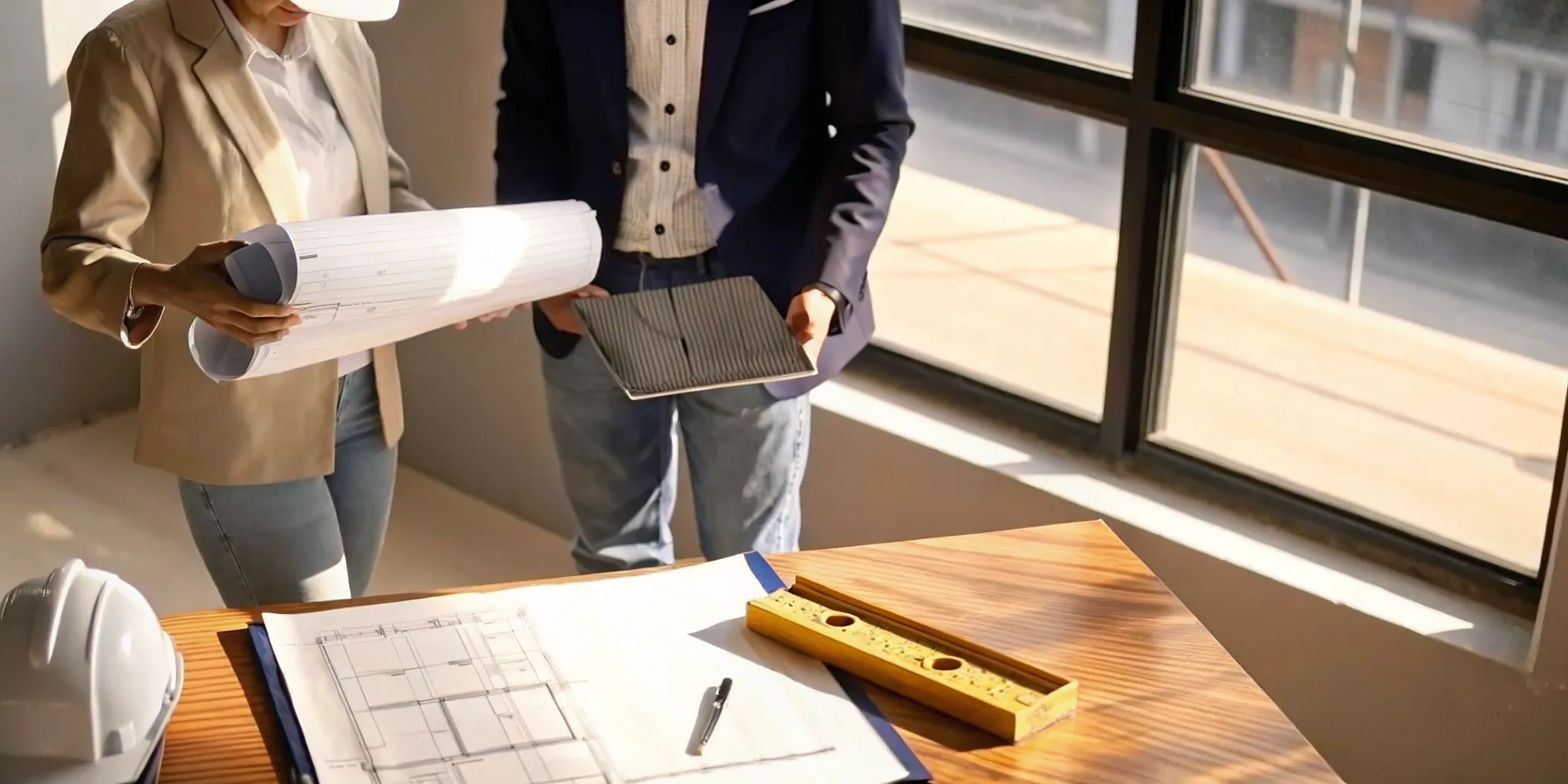 A code enforcement officer reviews building plans and code documents with a builder.