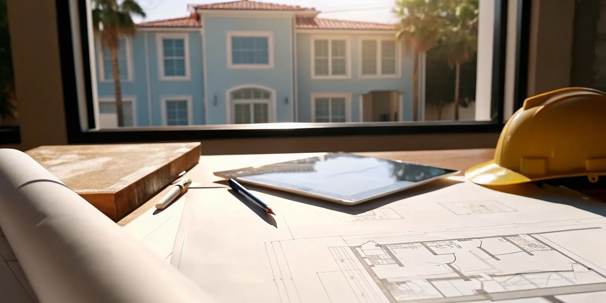Hard hat and plans for a Florida home being reviewed on a tablet to resolve a building code violation.
