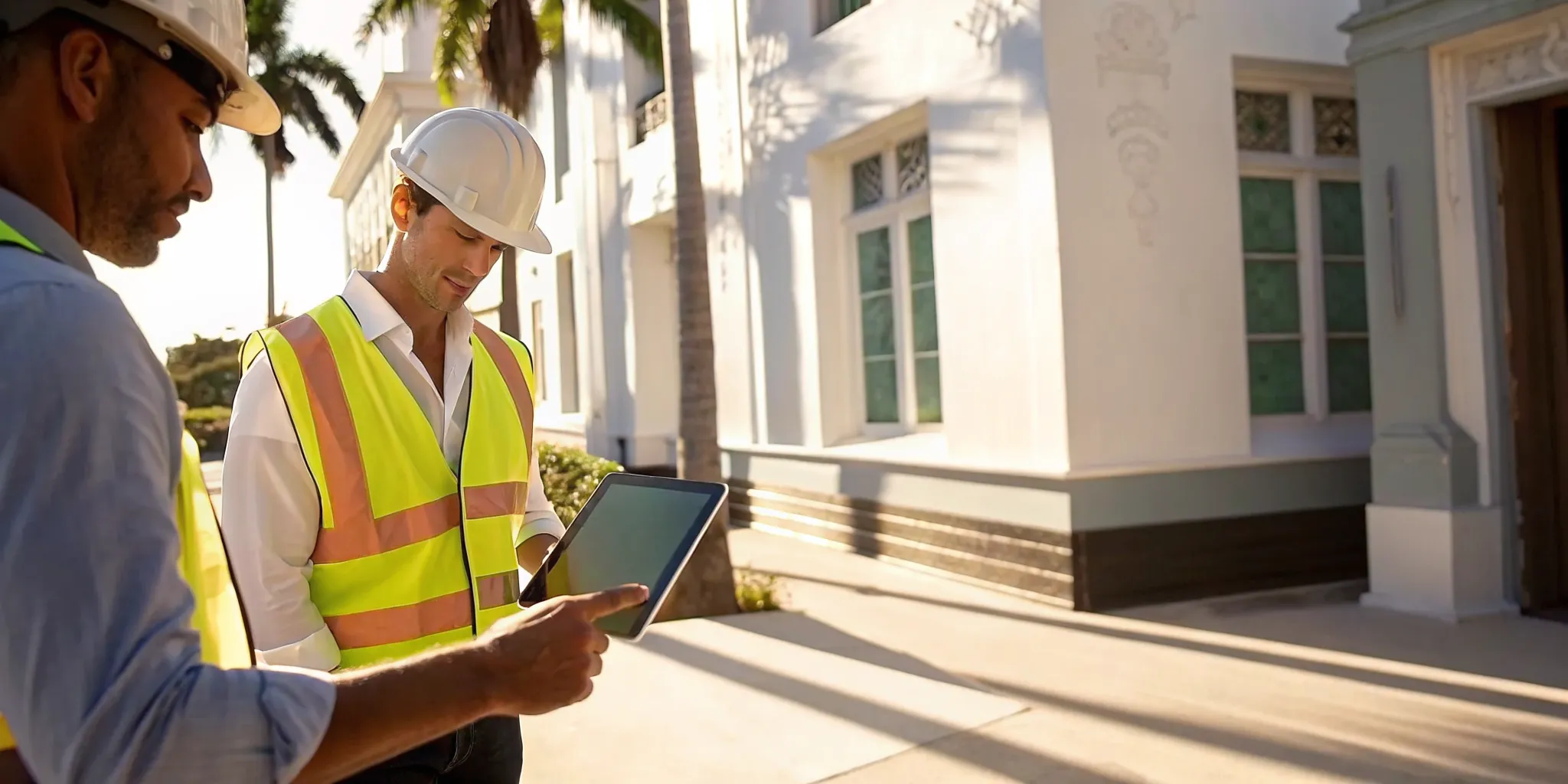 Two contractors review a plan on a tablet to fix code violations in Miami.