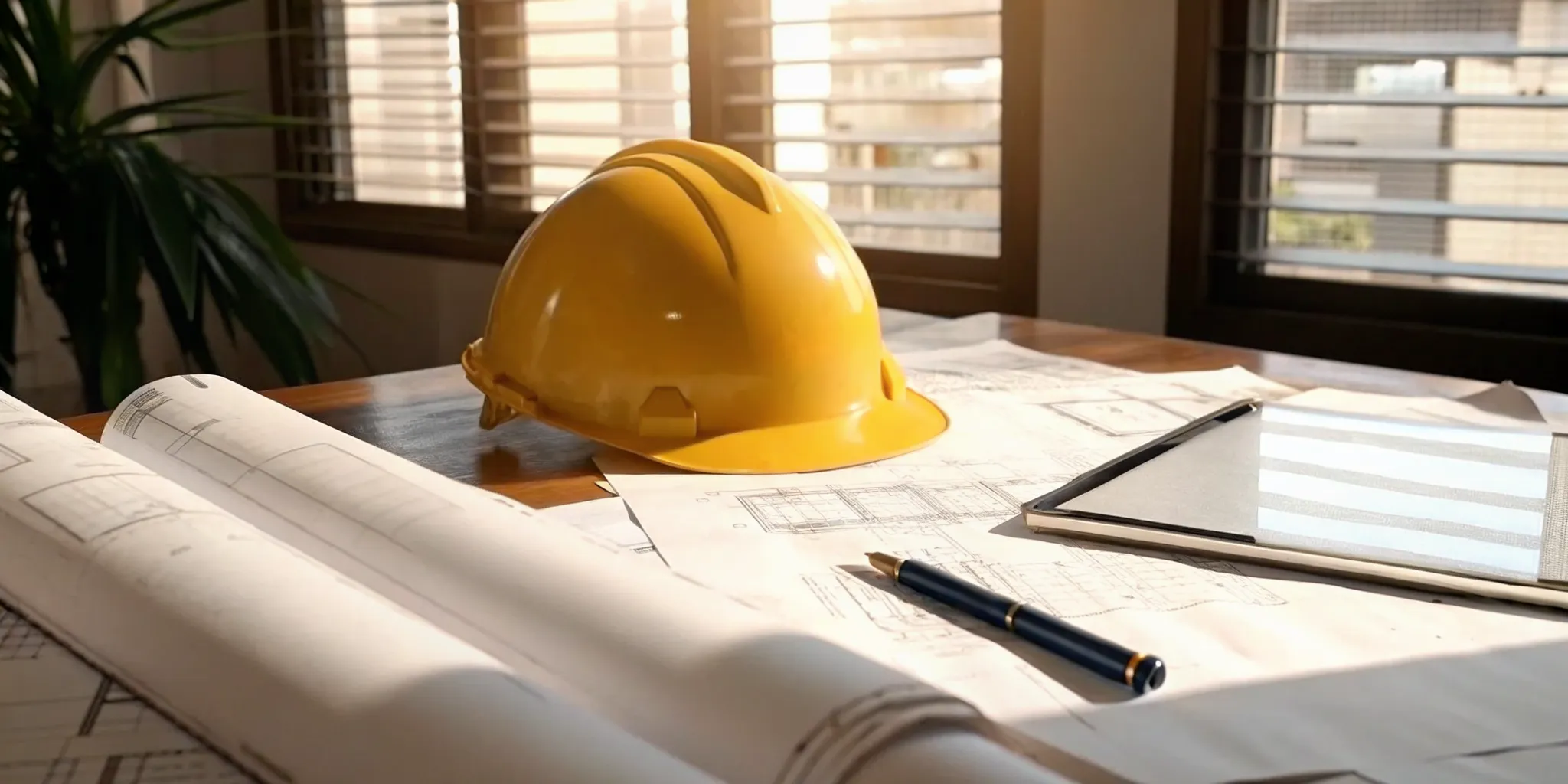 A hard hat and blueprints on a desk for getting a building permit in Florida.