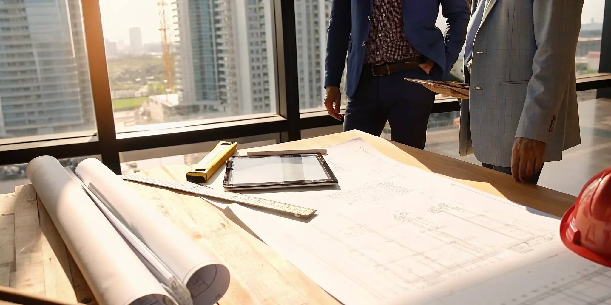 Professionals reviewing building plans to resolve a Miami building violation.