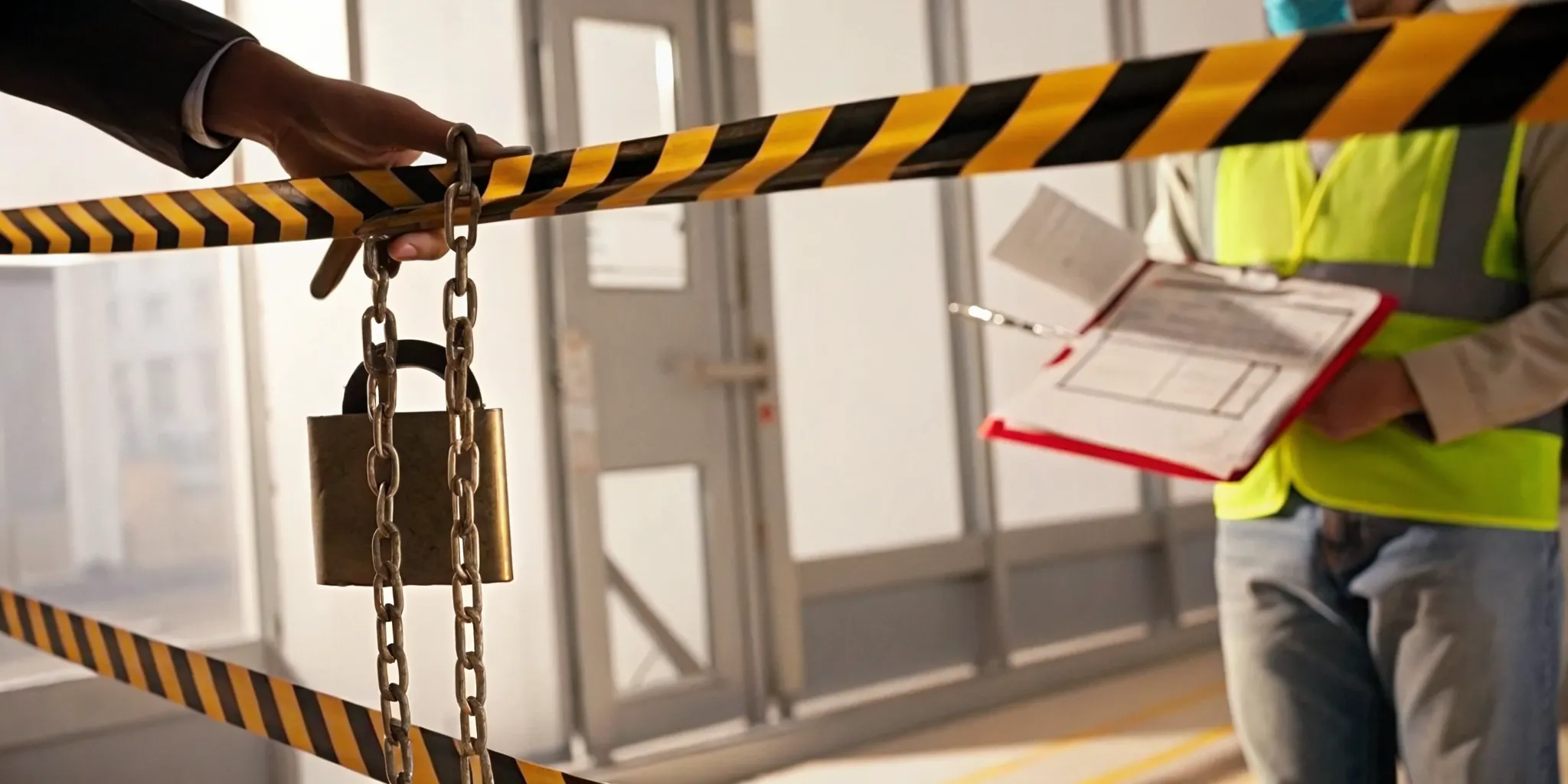 An inspector issues a penalty for building without a permit at a locked and taped-off construction site.