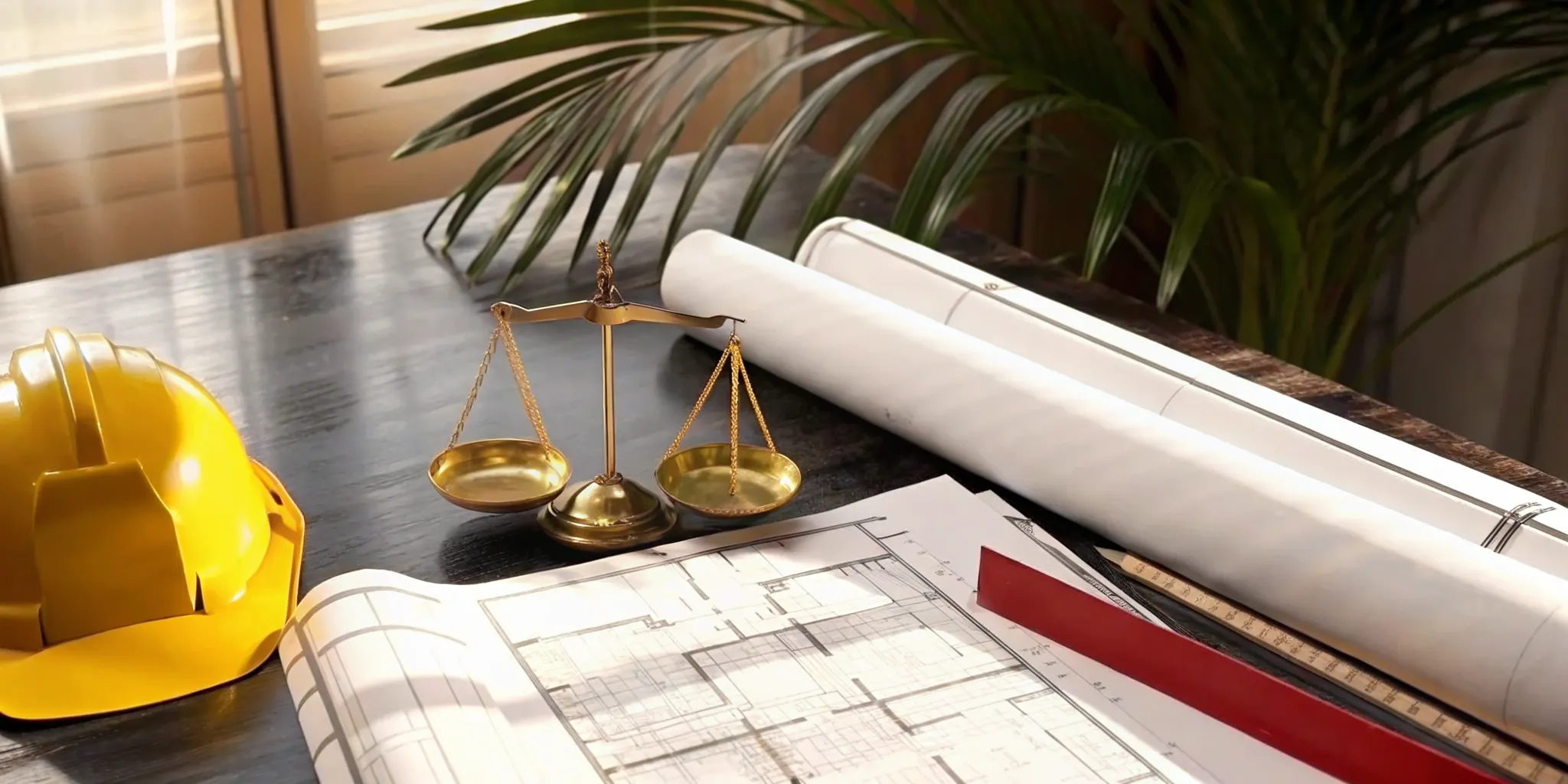 Scales of justice weighing a Florida building permit violation with blueprints and a hard hat.