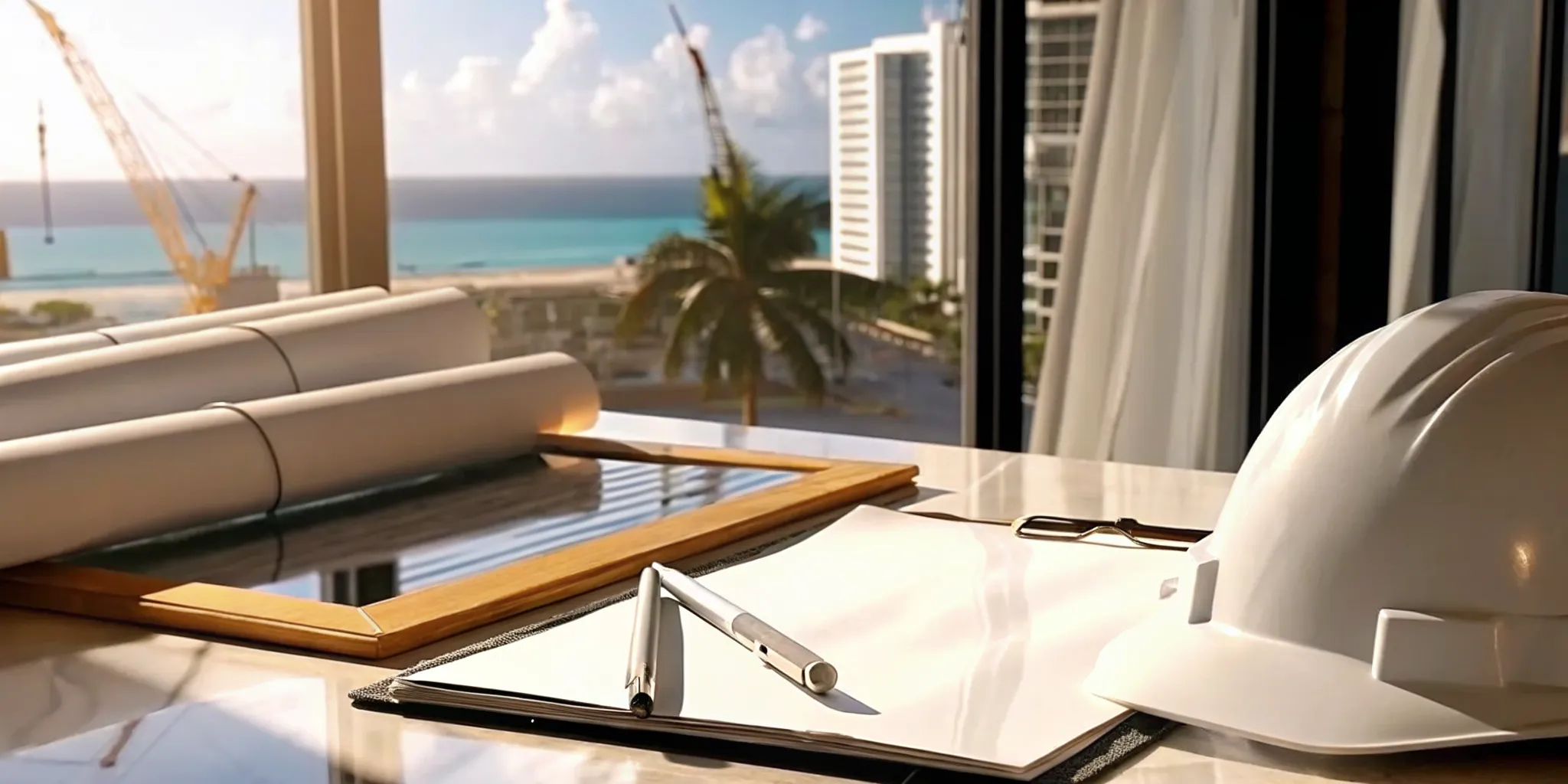 Construction plans and a hard hat on a desk for a Florida building permit application.