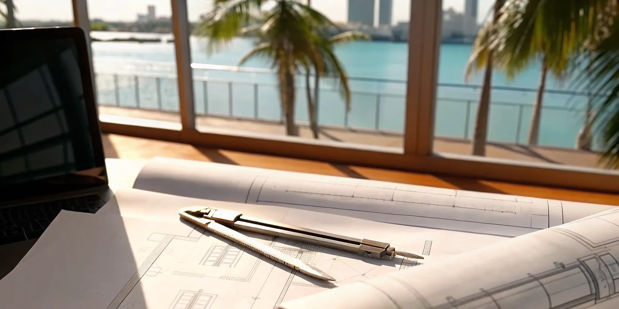 Laptop and blueprints on a desk for researching open permits in Miami-Dade.
