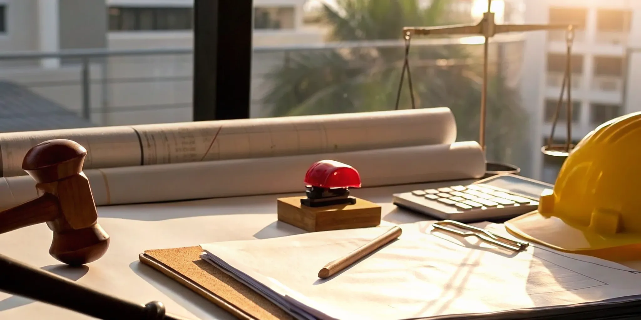 Legal gavel and hard hat on construction plans for unpermitted work penalties in Florida.