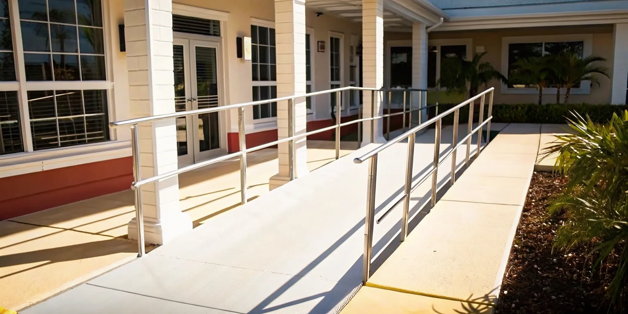 Modern commercial building entrance with accessible ramp and ADA compliant signage in Florida