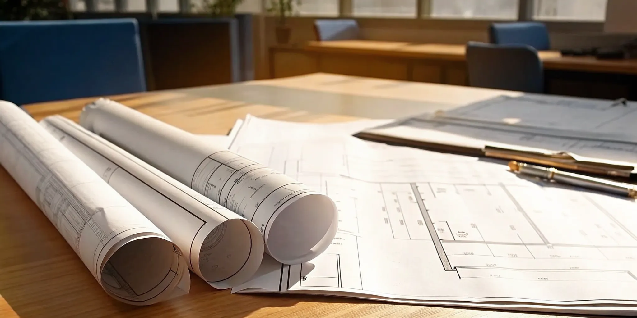 An architectural blueprint on a wood table, showing technical details for fine mitigation and compliance