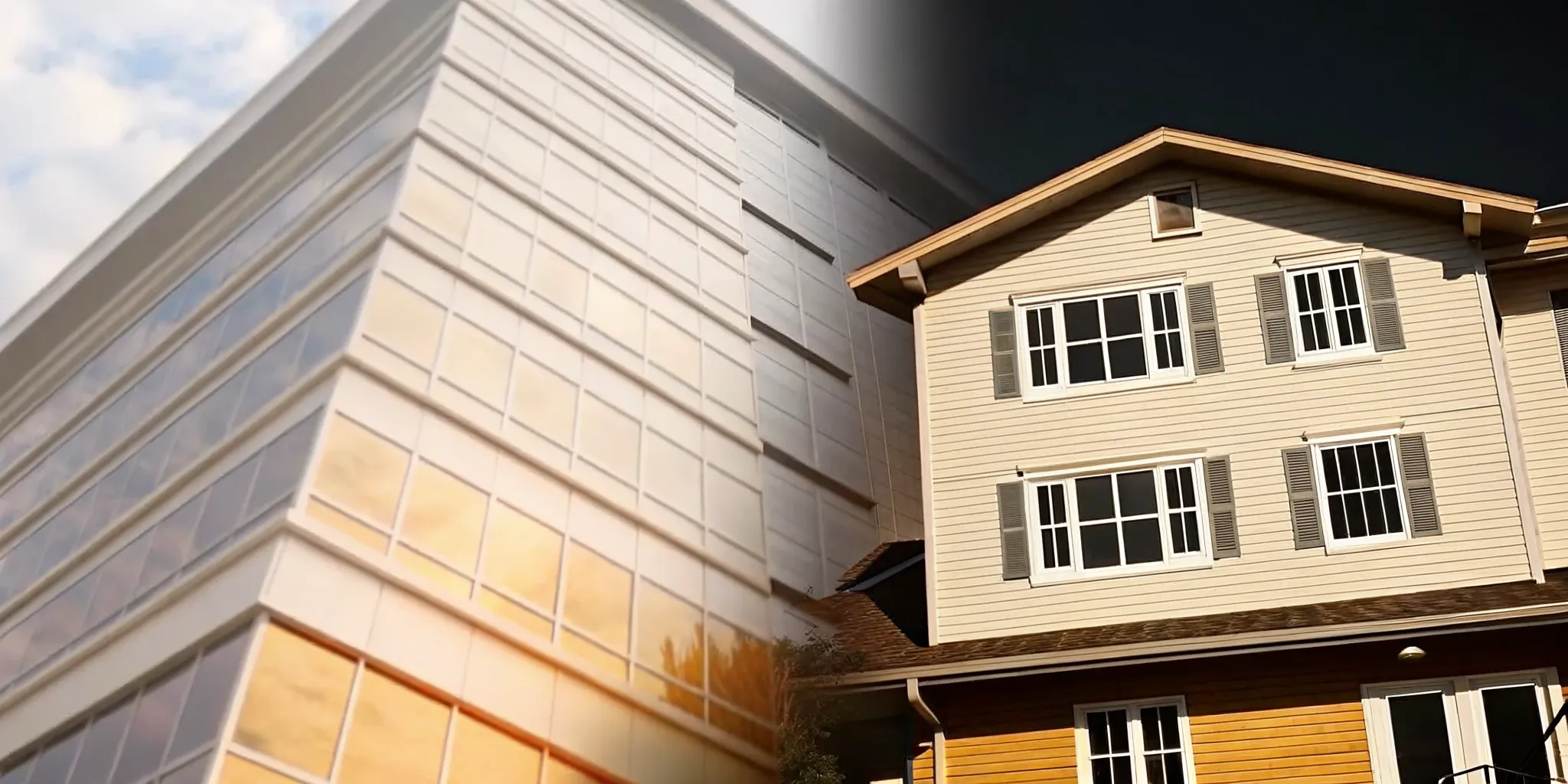 Side-by-side comparison of a commercial office building and a residential Florida home facing code compliance issues