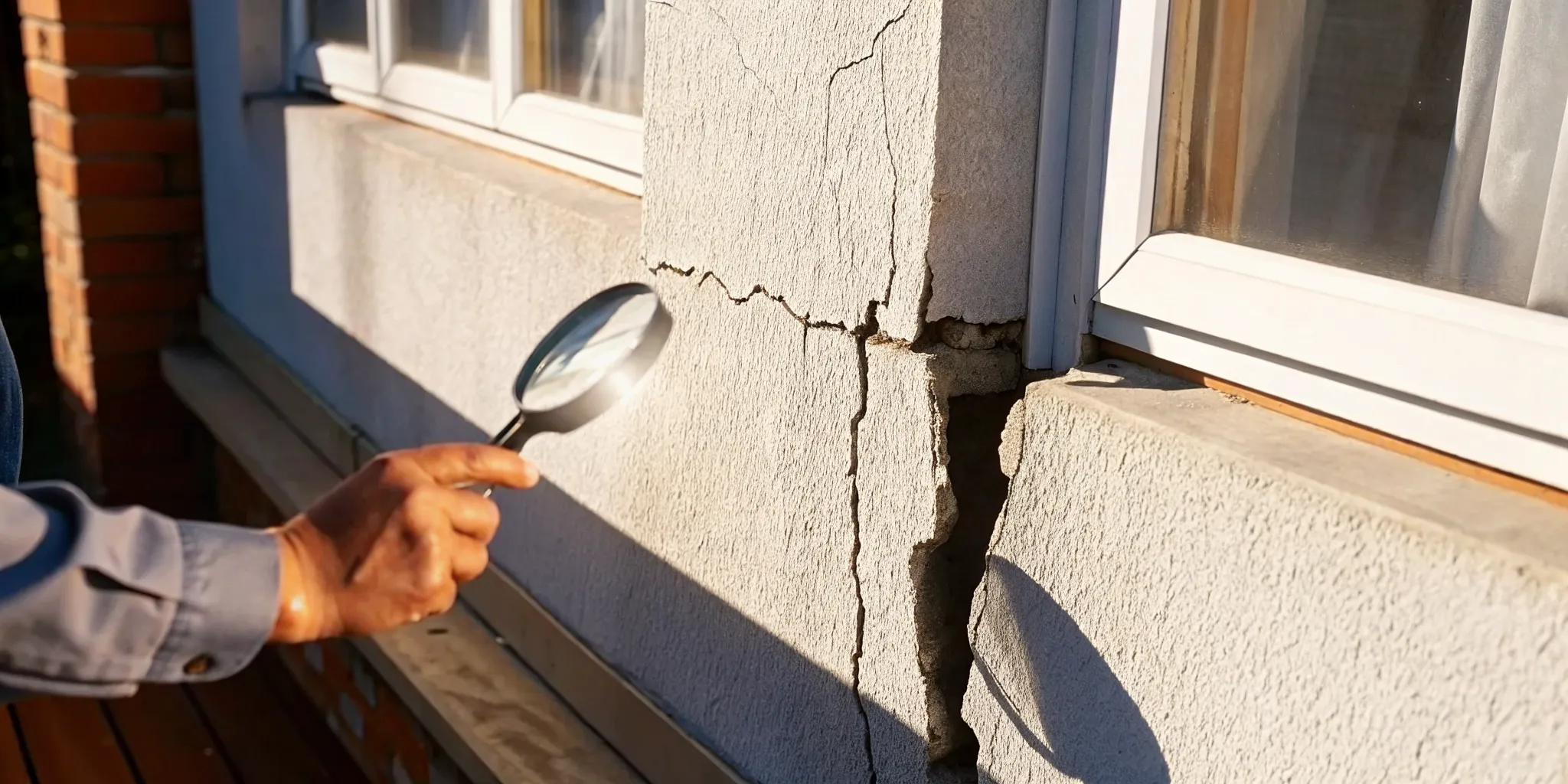 Building inspector examining structural cracks on a South Florida commercial building