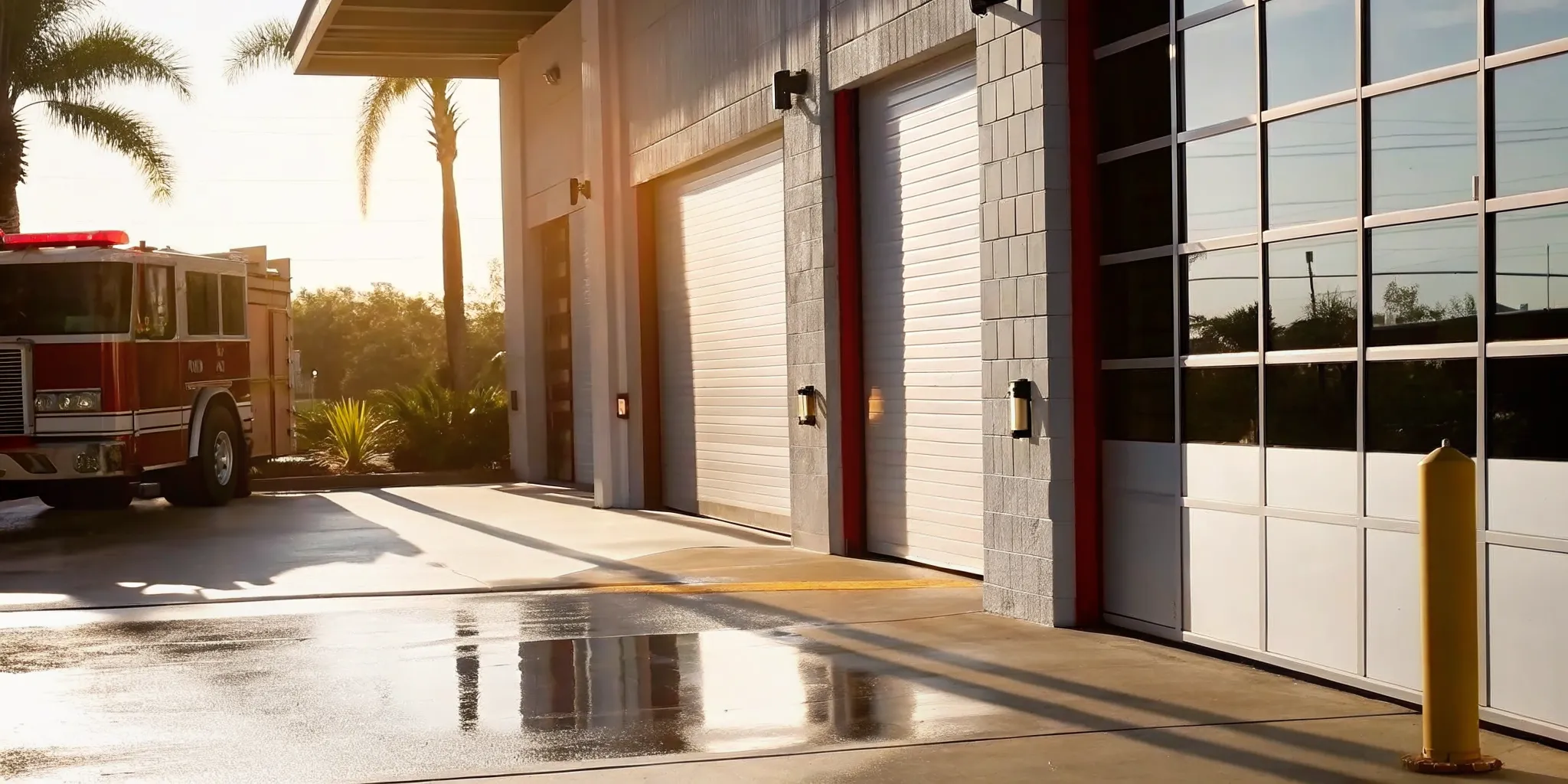 Fire code violations Florida inspection at a commercial property with fire truck and crew