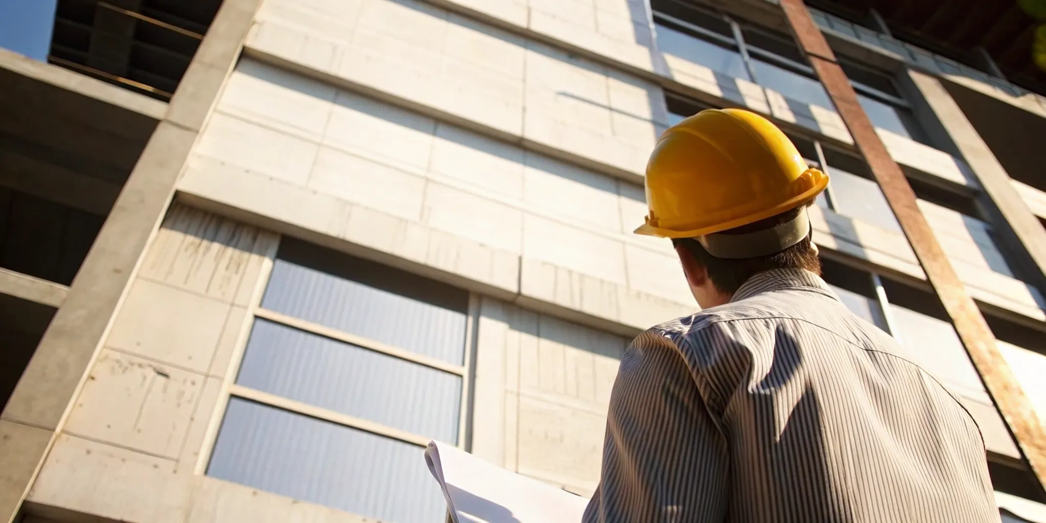 Professional structural engineer in hard hat inspecting the exterior facade of a concrete commercial building in Florida for recertification compliance