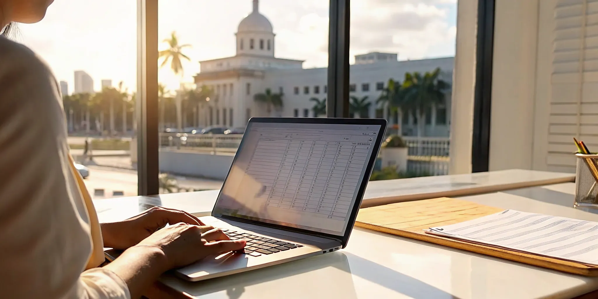Property owner searching Miami-Dade County code violation search records on a laptop with Miami skyline in background