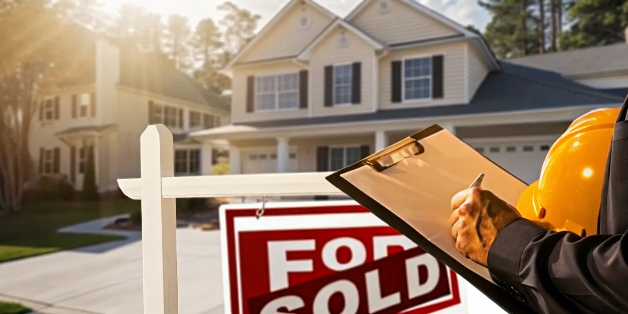Florida home for sale with Sold sign and building inspector reviewing permit documents