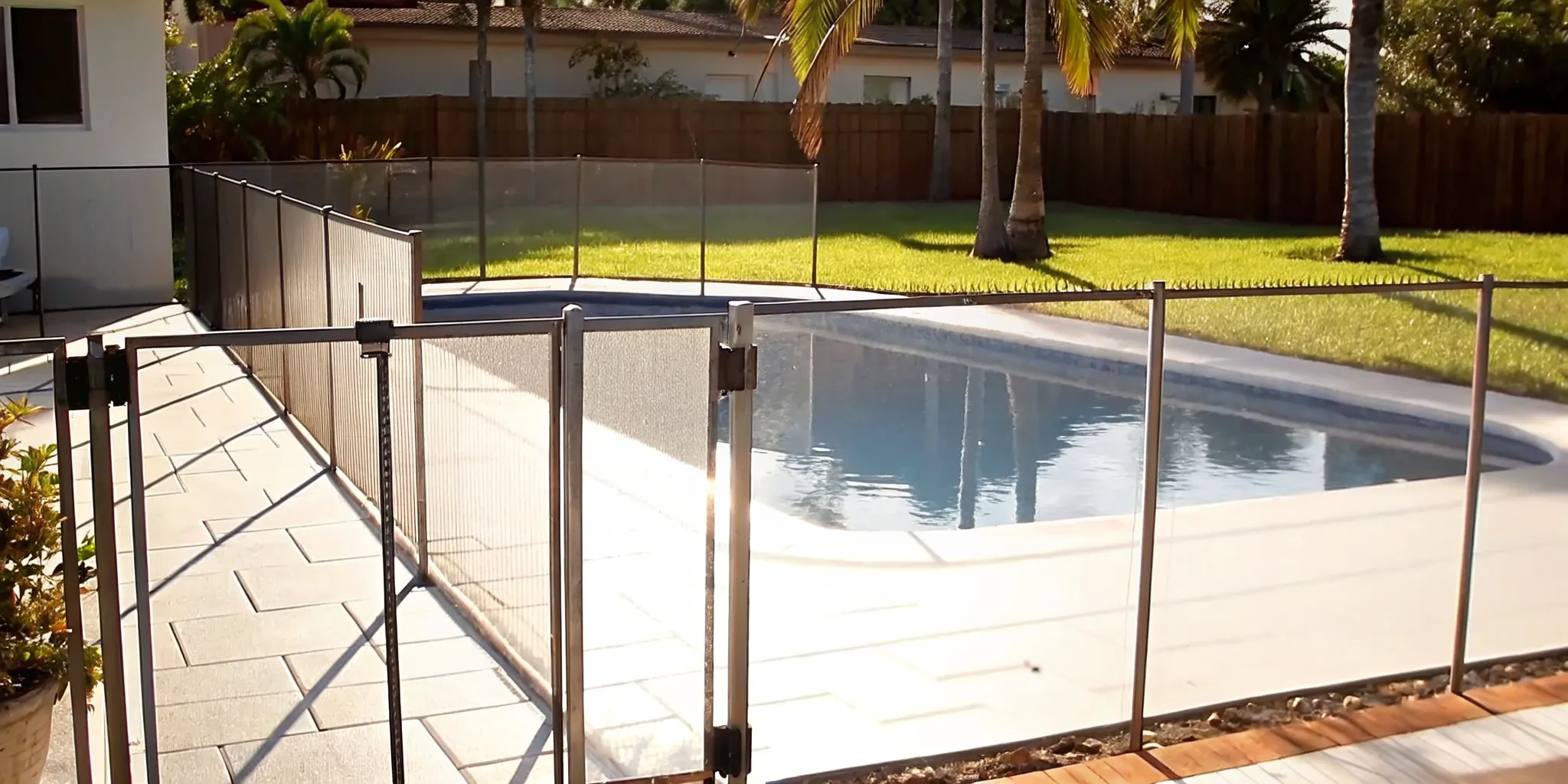 A Florida backyard with a residential swimming pool protected by a compliant safety fence