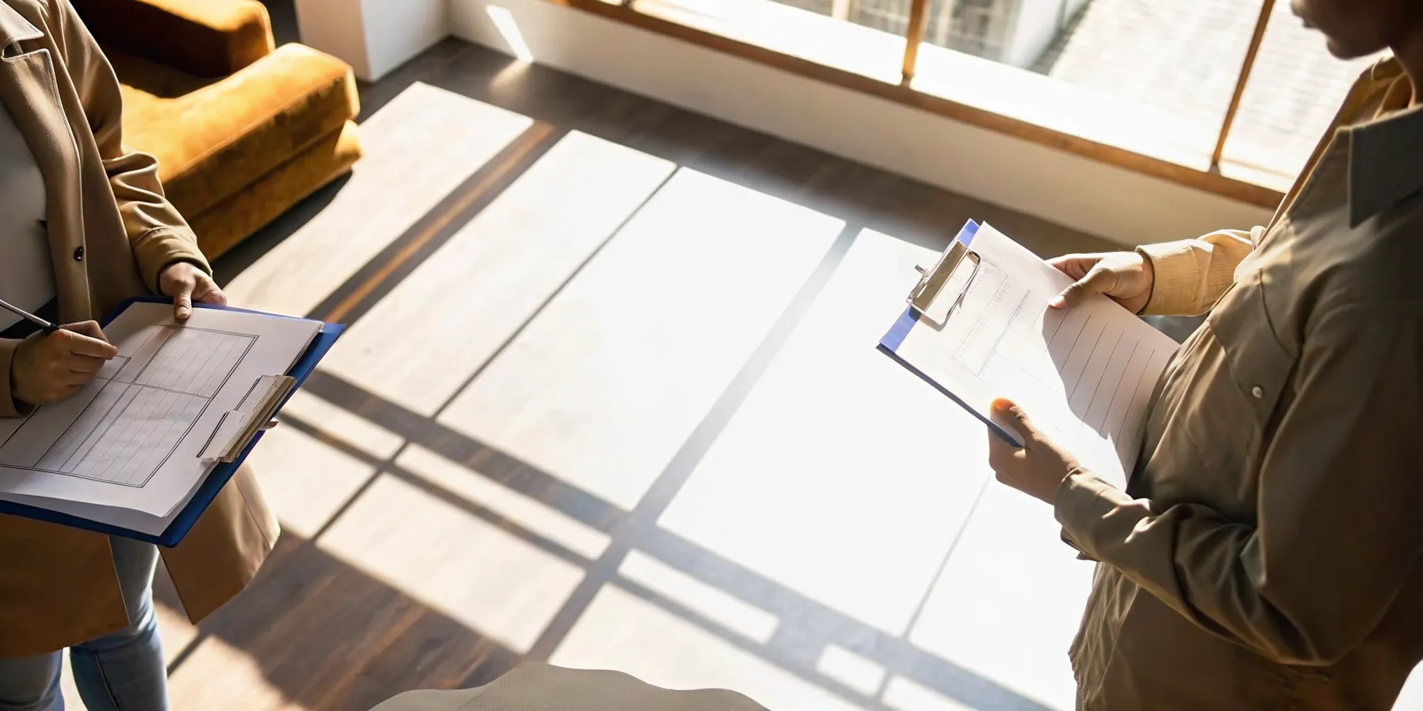 Professional property manager reviewing compliance documents with a building inspector at a Florida residential property