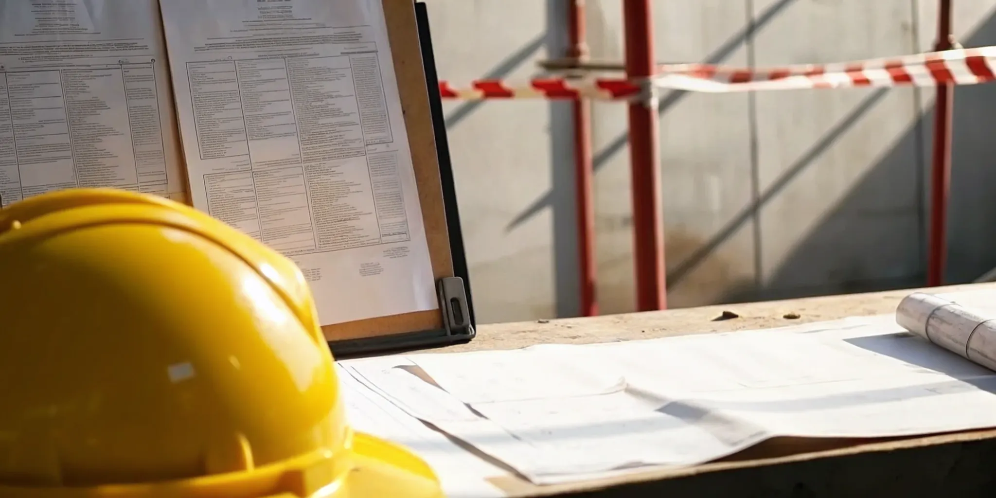 Red stop work order notice posted at a construction site in Broward County Florida with building department documents and hard hat