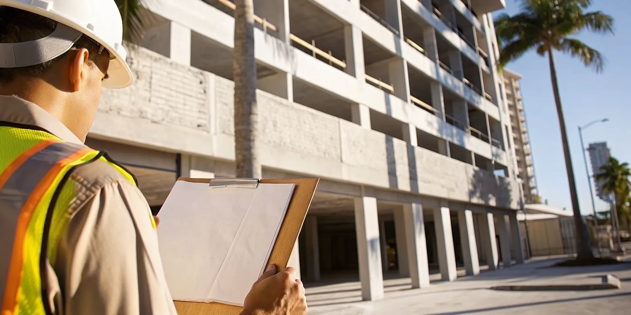 Structural engineer inspecting the facade of a multi-story Florida condominium building