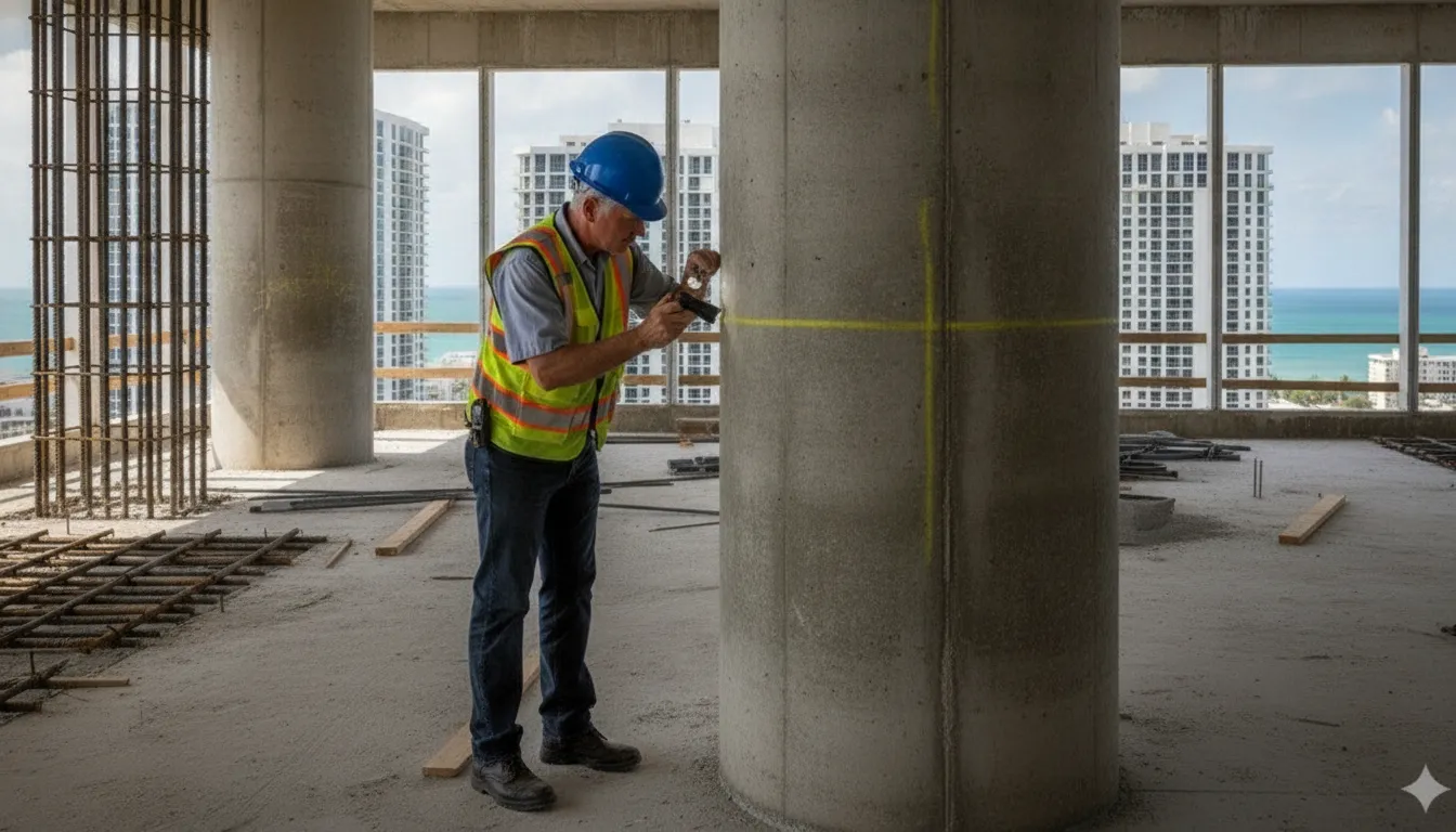 Licensed building inspector examining concrete structural columns during a Florida building recertification inspection