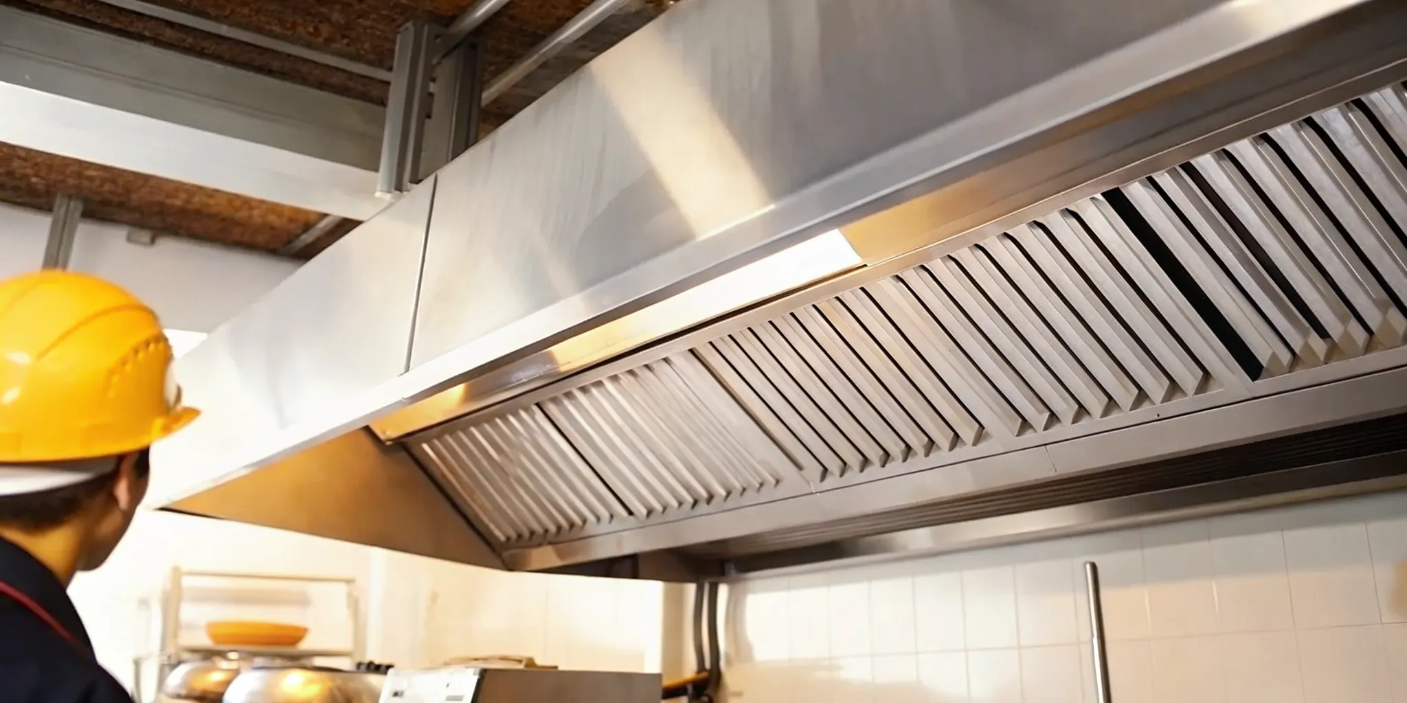 Commercial kitchen with stainless steel exhaust hood system over cooking equipment, inspected by a code official