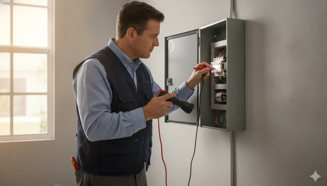 Licensed electrician inspecting a residential electrical panel