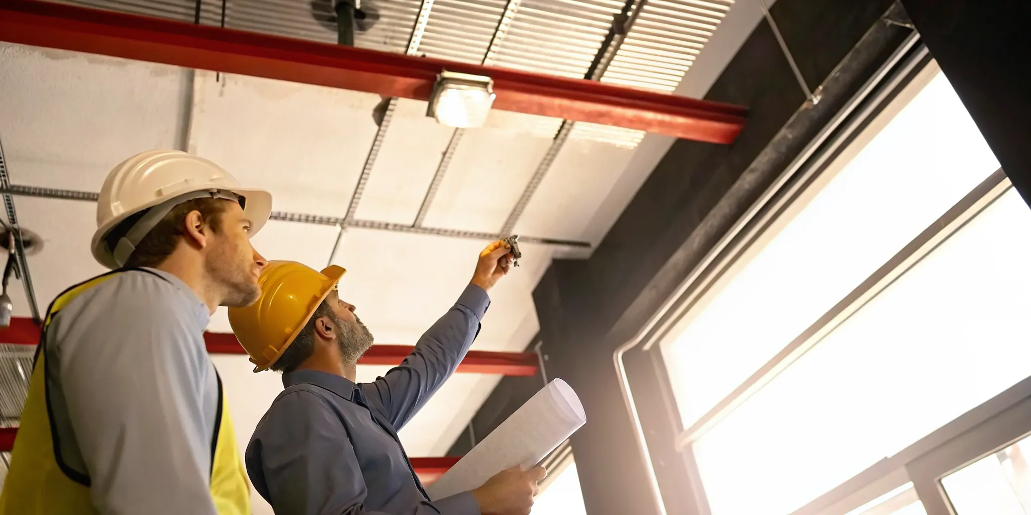 Fire safety inspector and property manager reviewing a commercial sprinkler head
