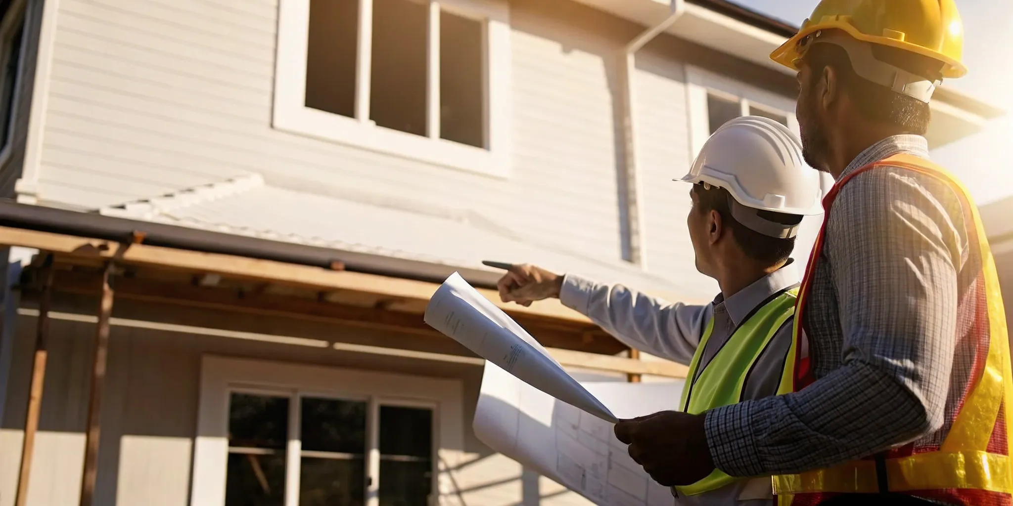 Florida building inspector in hard hat reviewing documents with a property owner in front of a home under renovation