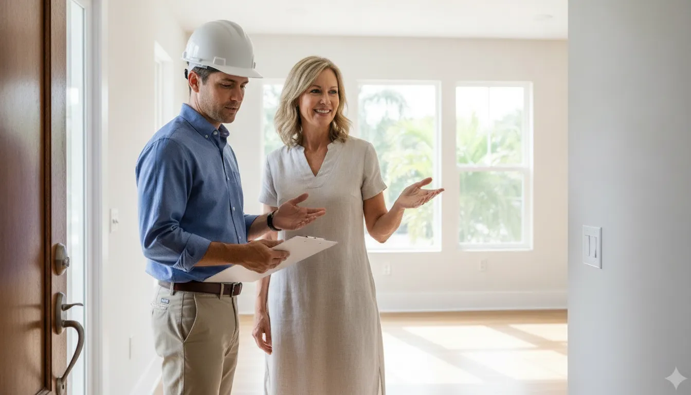 Building inspector reviewing completed renovation work with a property owner in a finished Florida home