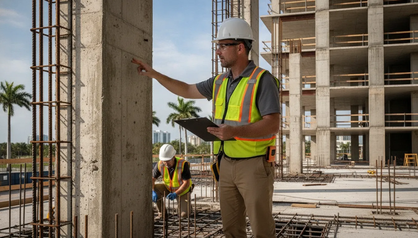 Structural engineer reviewing concrete columns during a building structural inspection in Florida