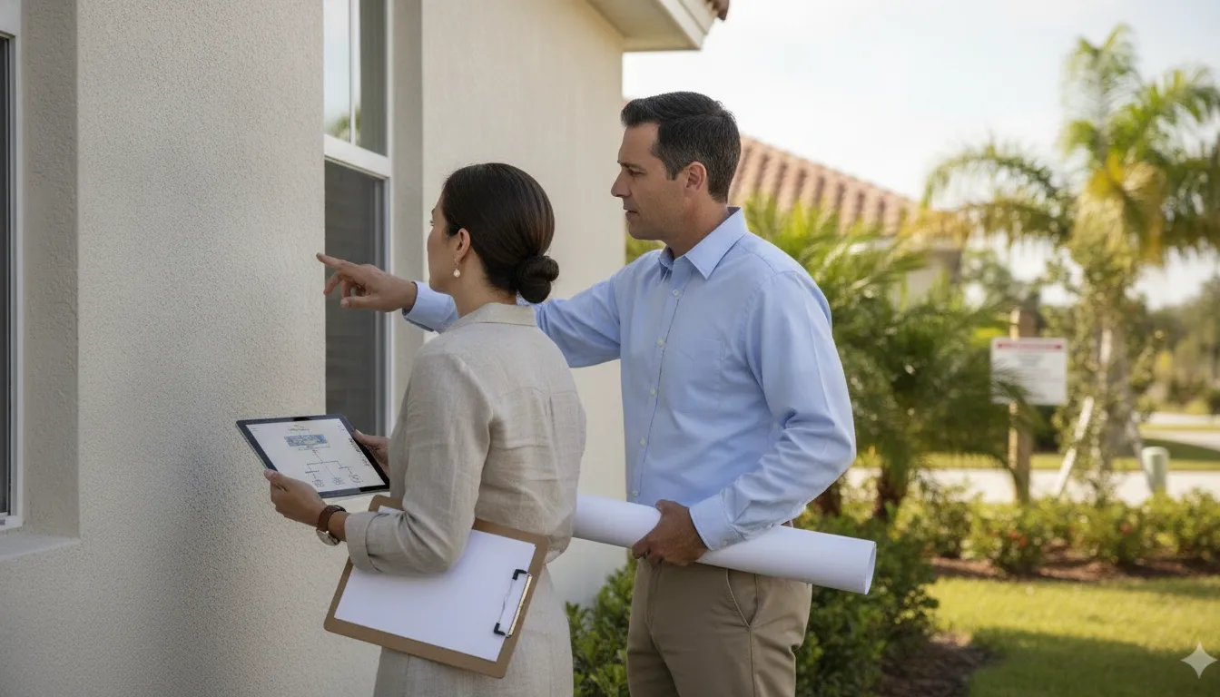 Property owner and compliance professional discussing Florida permit closeout at a building