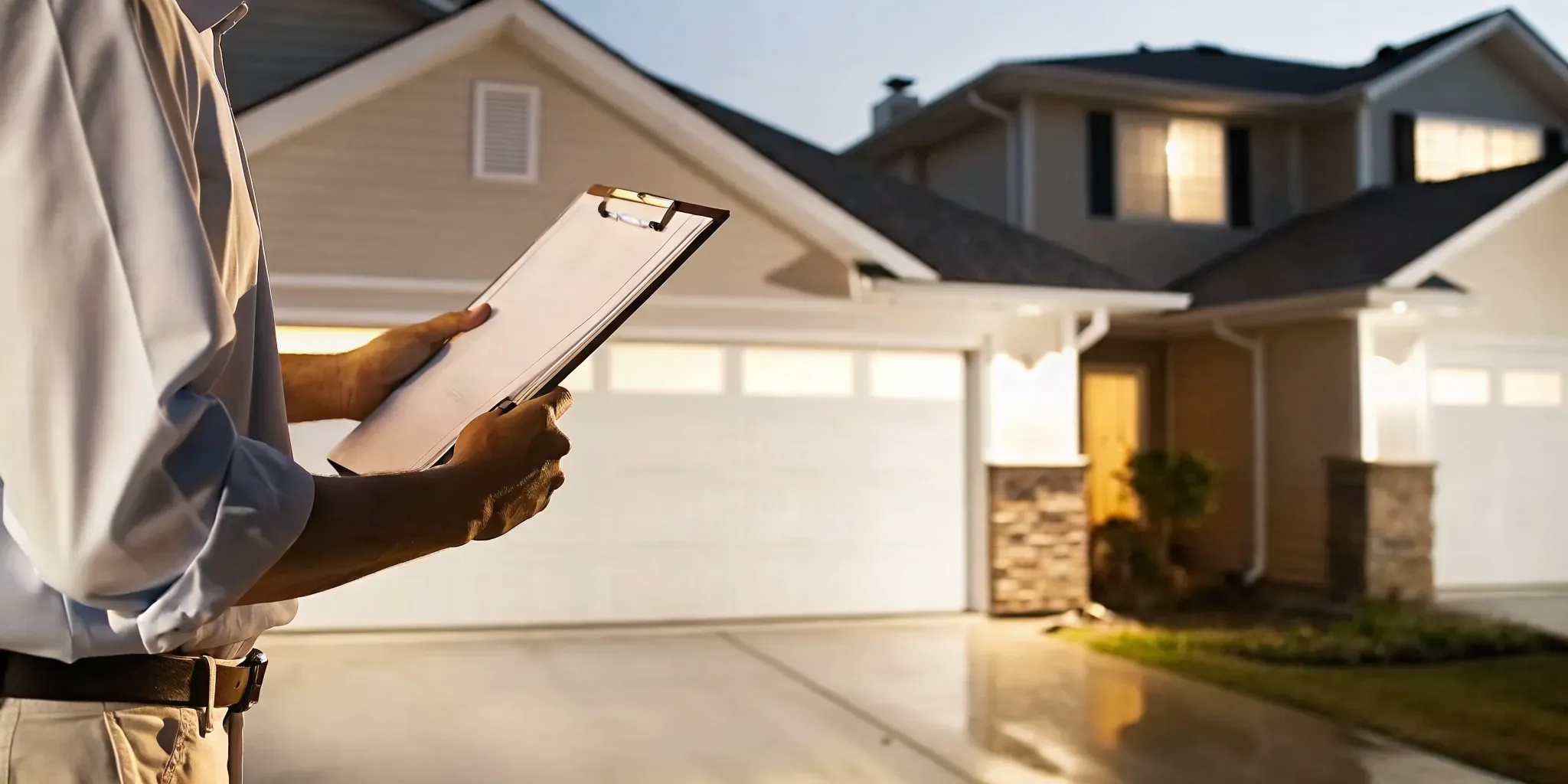 Professional building inspector standing in a Florida residential neighborhood at dusk reviewing compliance documentation