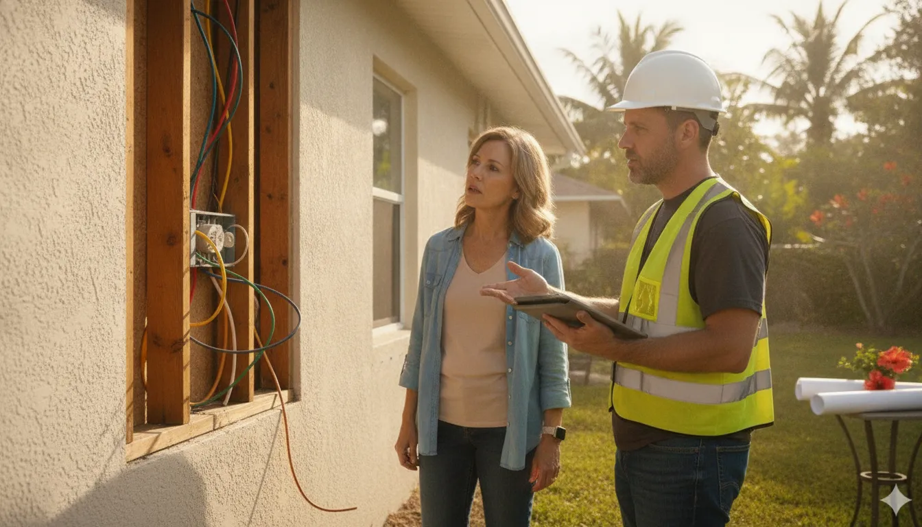 A homeowner and a contractor in a safety vest reviewing exposed wall framing and wiring to plan remediation of unpermitted work.
