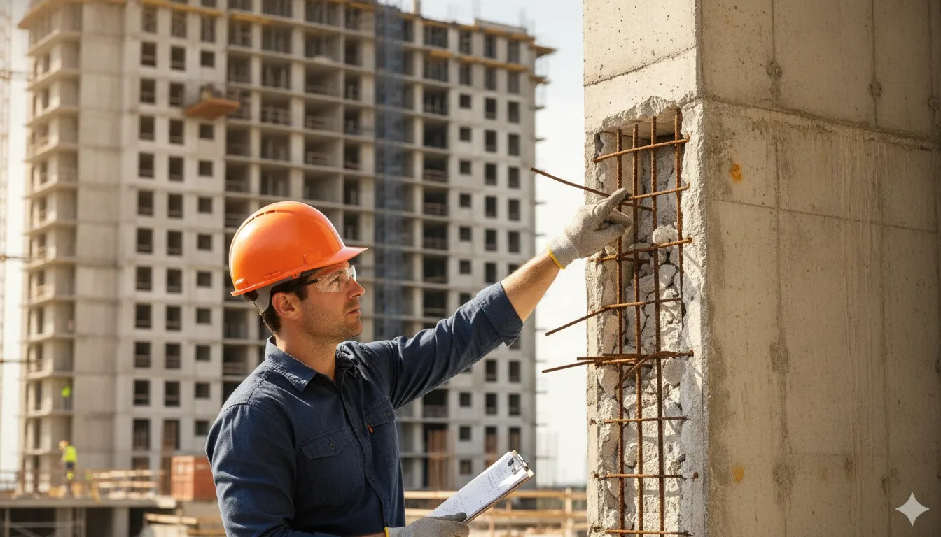 Structural engineer inspecting concrete facade of a Florida high-rise building