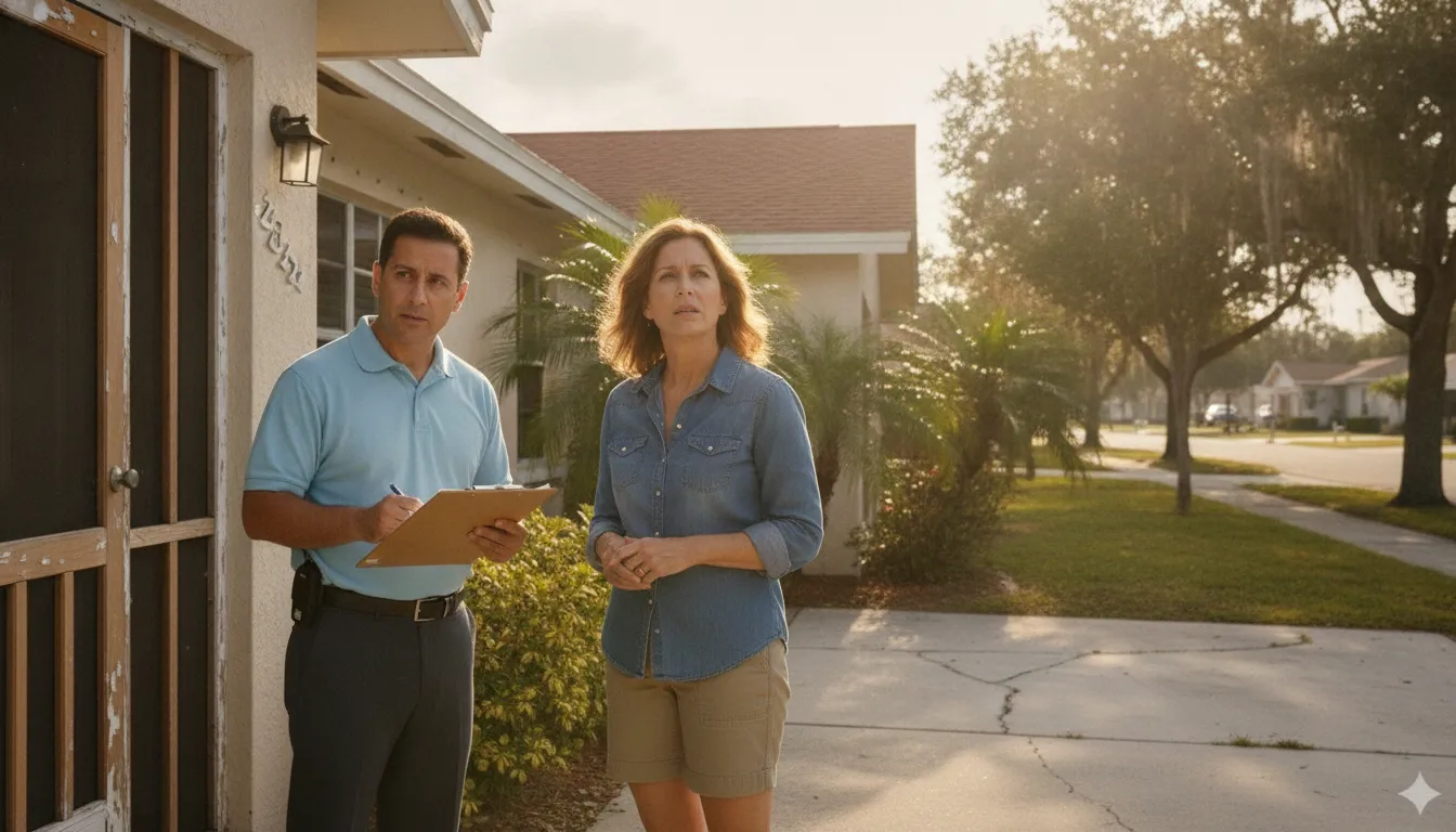 Concerned Florida property owner with a building inspector at the front door of a red-tagged house