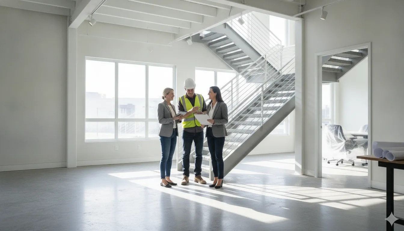 Building inspector and property owner reviewing occupancy readiness in a newly constructed commercial interior
