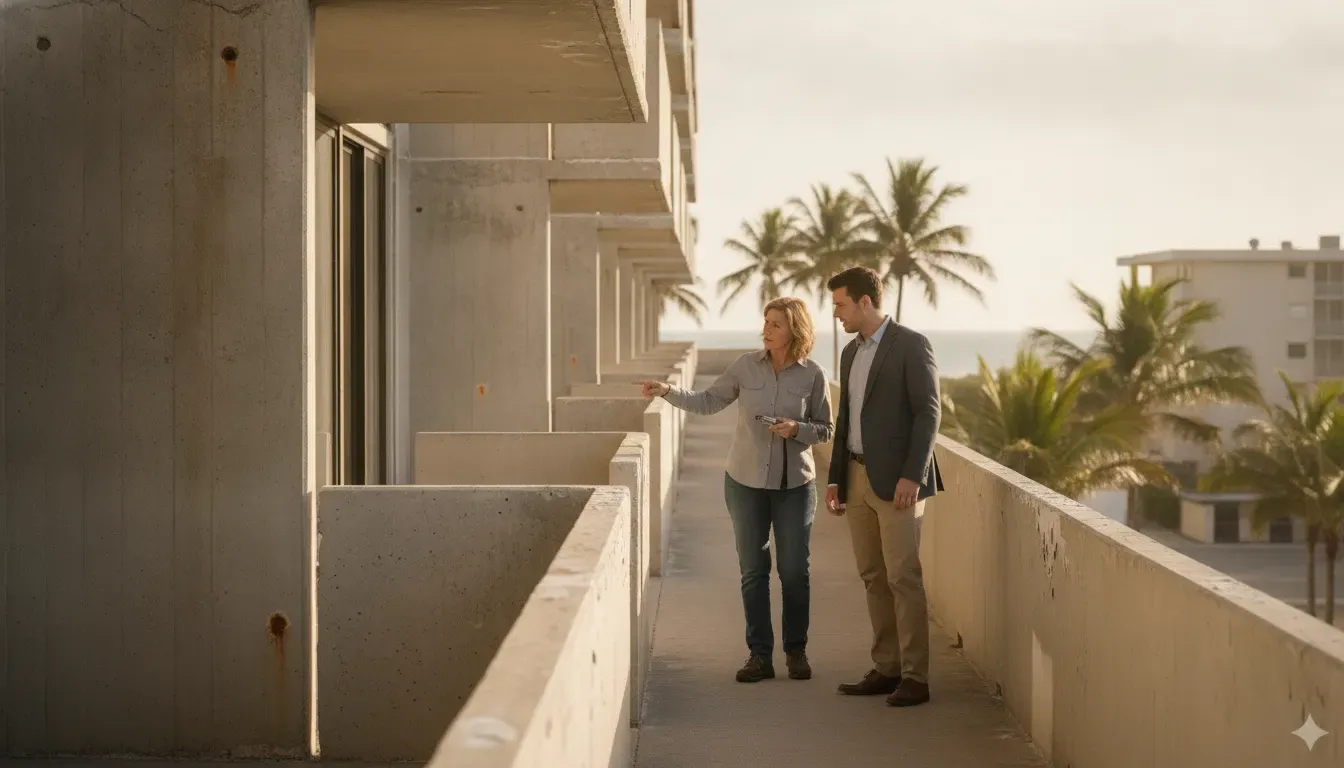 Florida property owner and building professional reviewing an older building for 50-year recertification