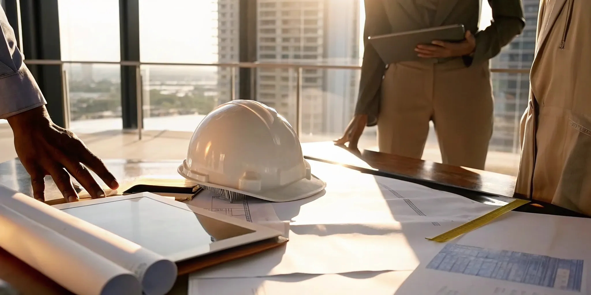 Using the City of Miami iBuild portal on a tablet to manage construction permits with plans and a hard hat.