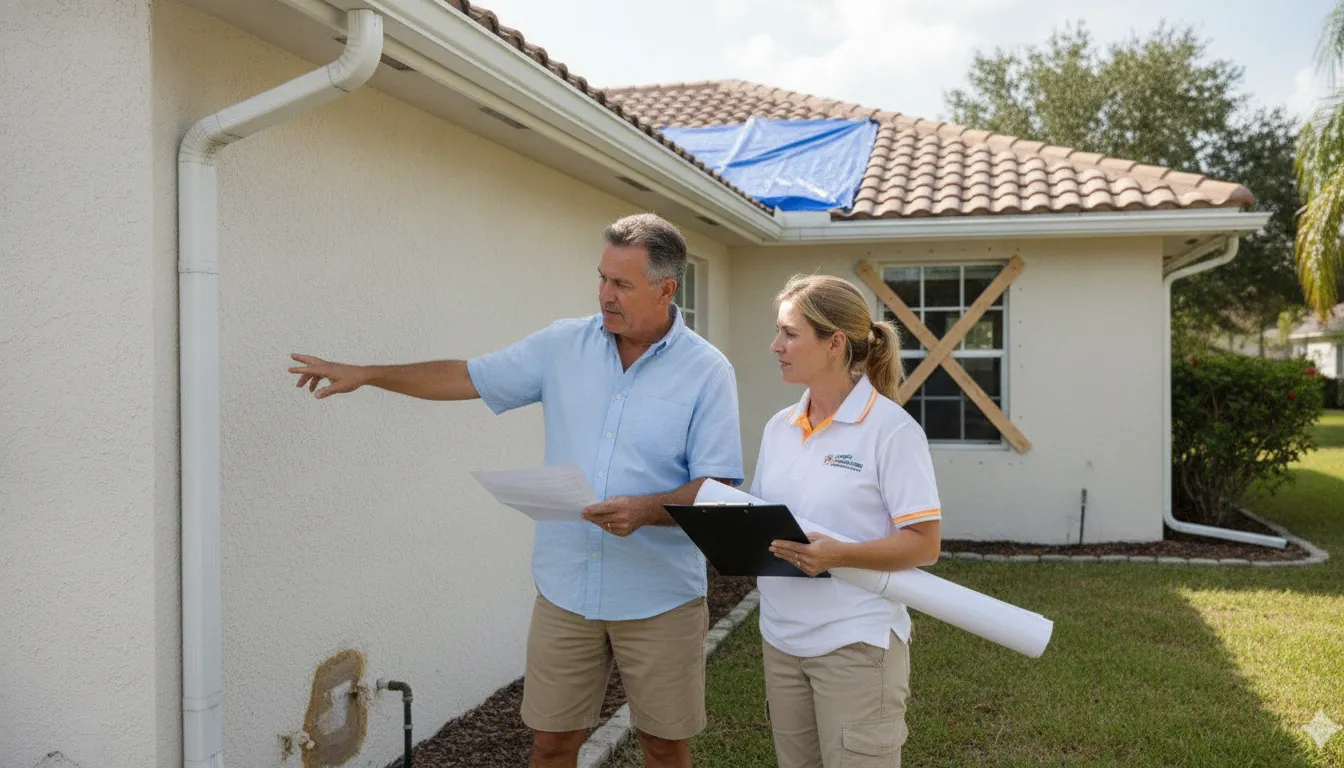 Florida property owner reviewing an emergency building violation repair plan with a construction professional