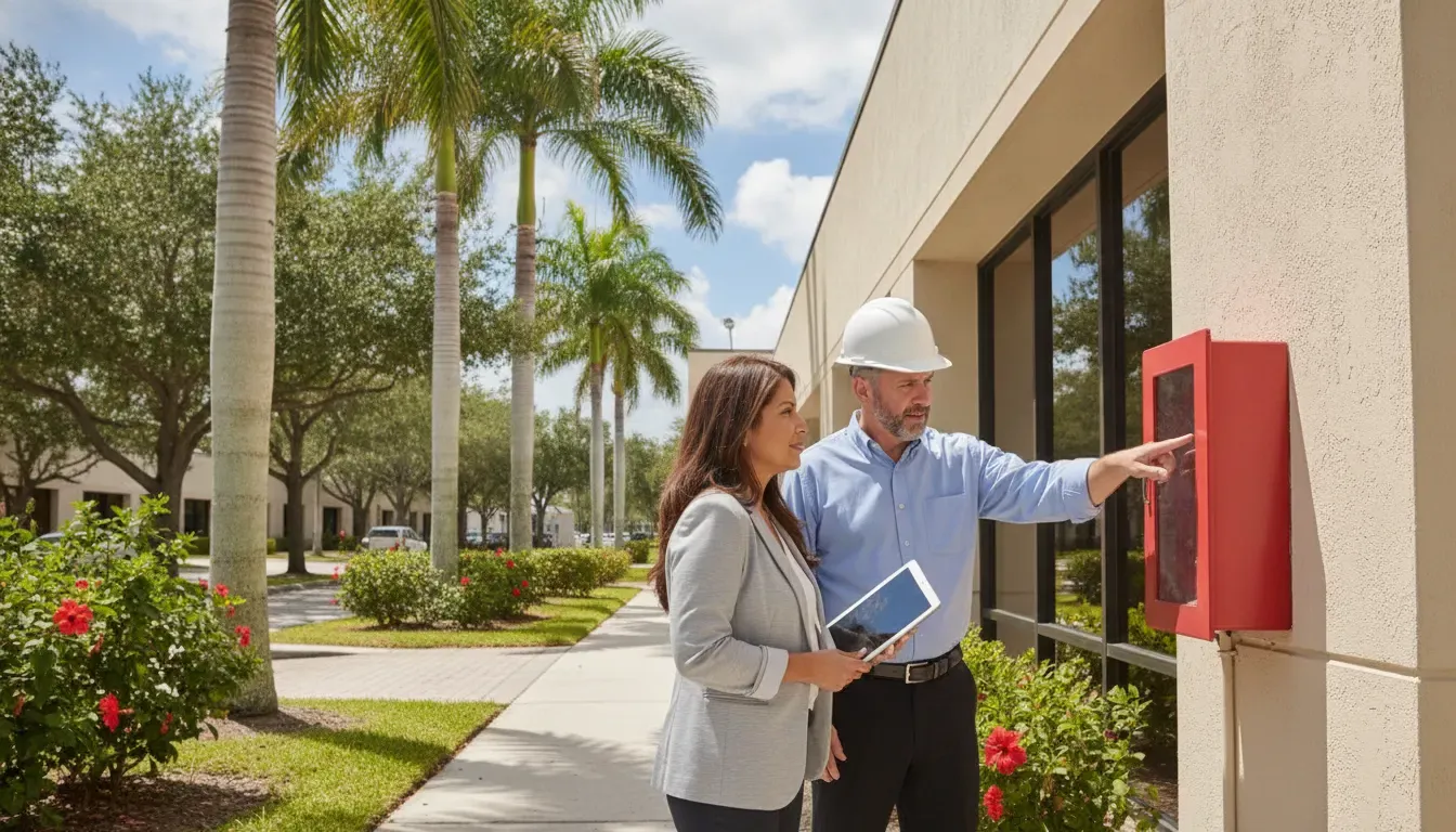 Professional reviewing fire department compliance at a Florida commercial property