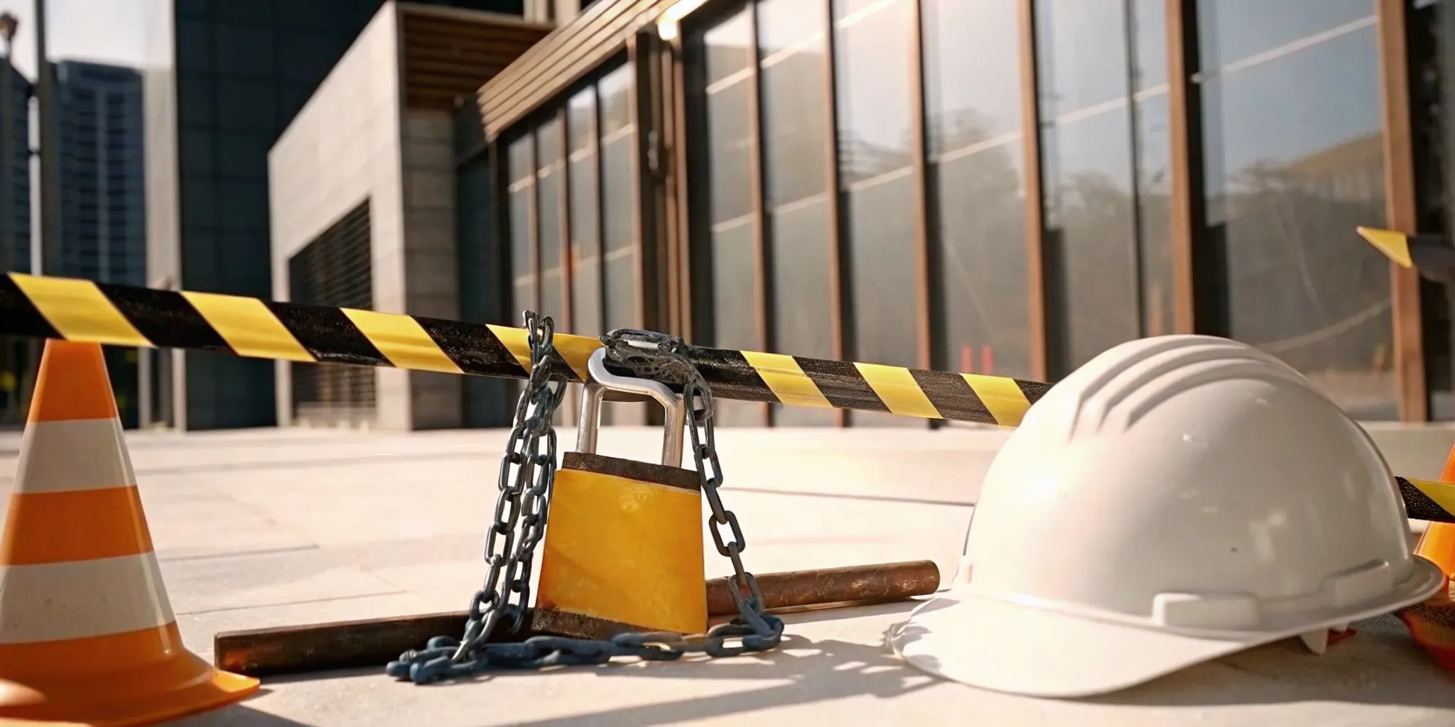 A construction site is shut down with a padlock and caution tape as a penalty for building without a permit.