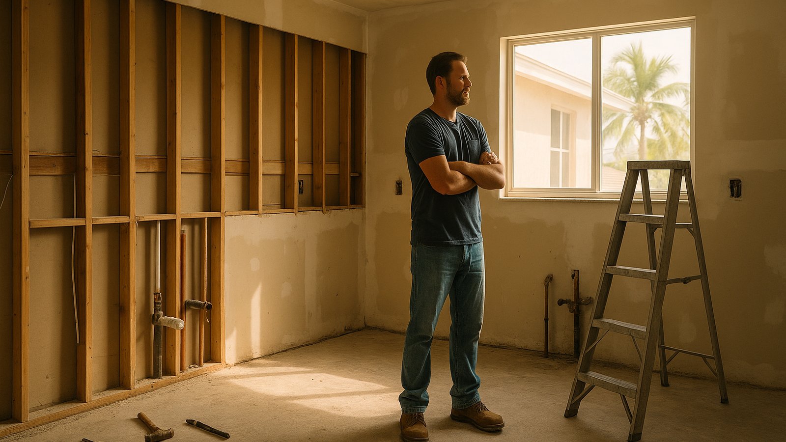 Homeowner standing in a stalled South Florida kitchen renovation with exposed wall studs and a ladder