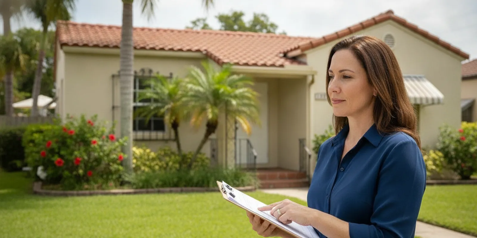 A Florida property owner reviewing a code compliance notice beside a home in Hollywood, Florida
