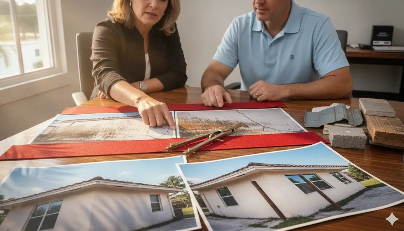Professional reviewing building recertification documents at a Florida property