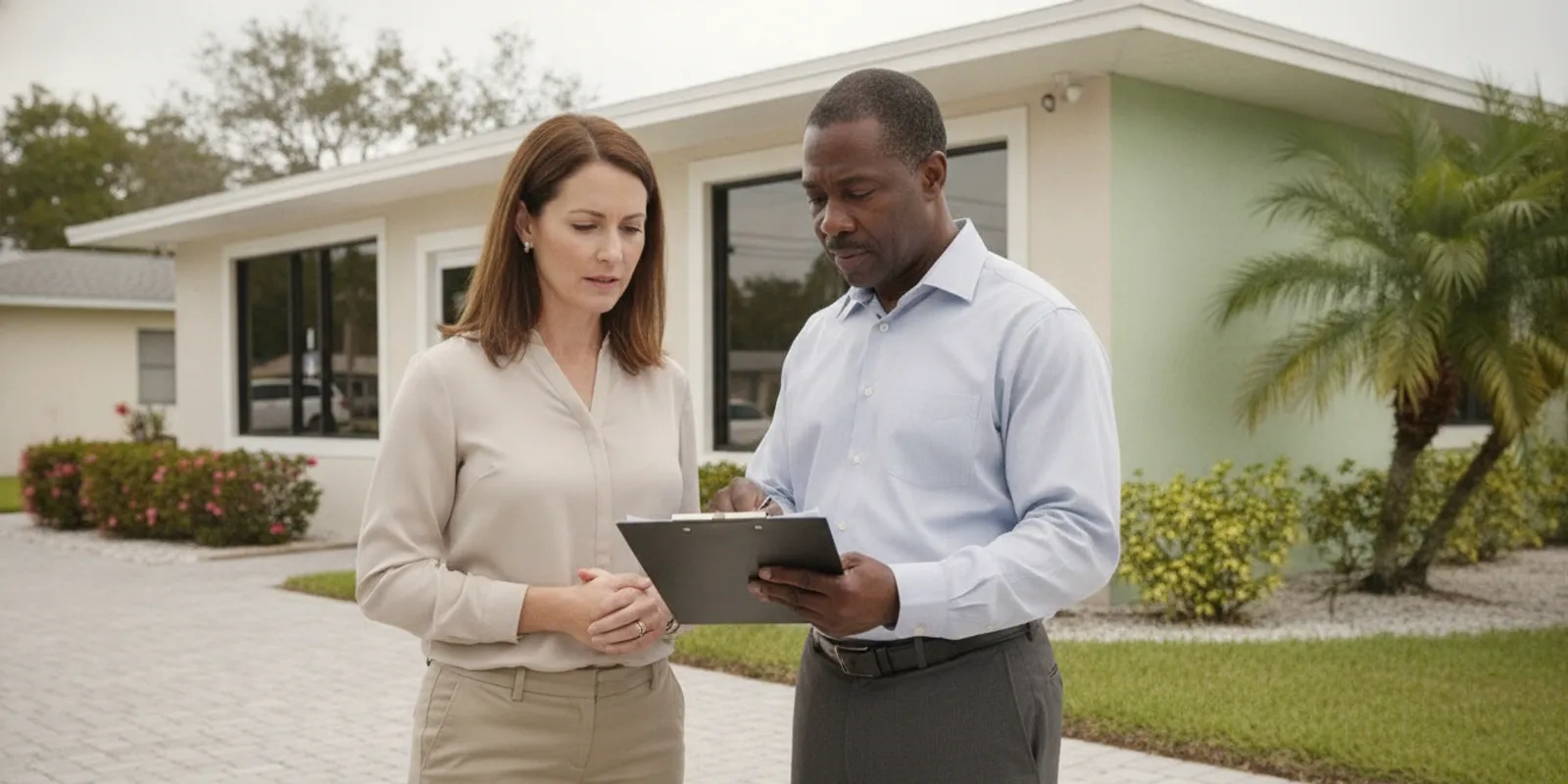 Florida business owner reviewing a fire inspection notice beside a commercial building entrance