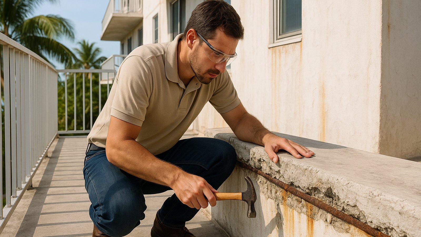 Engineer inspecting spalled concrete and exposed rebar on an older Miami condo balcony during recertification