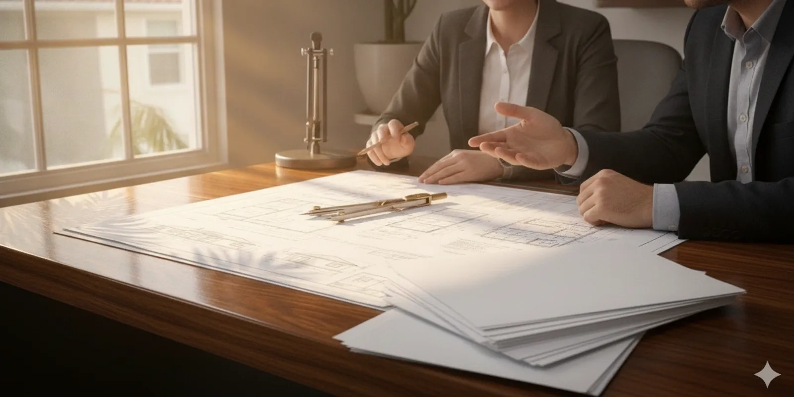 Building compliance professional reviewing permit documents at a desk