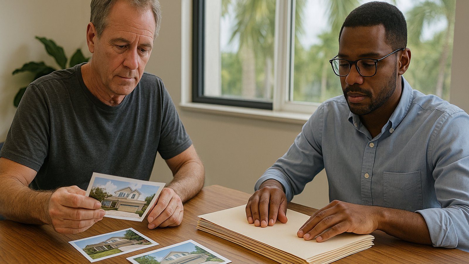 Property owner and consultant organizing photographs and folders at a table before a code enforcement hearing