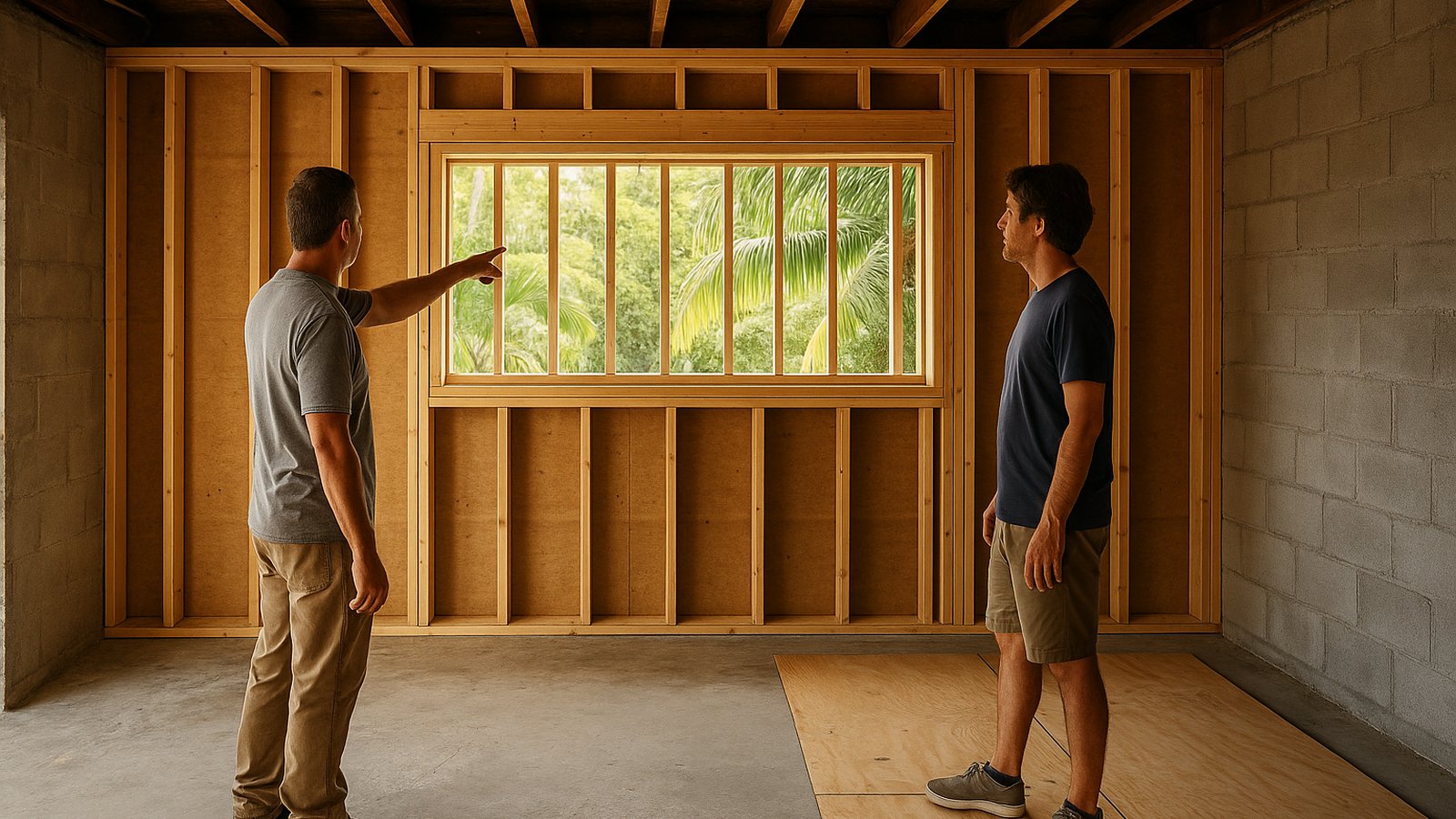 Contractor and homeowner inspecting a framed wall where a garage door once stood in a South Florida home under renovation